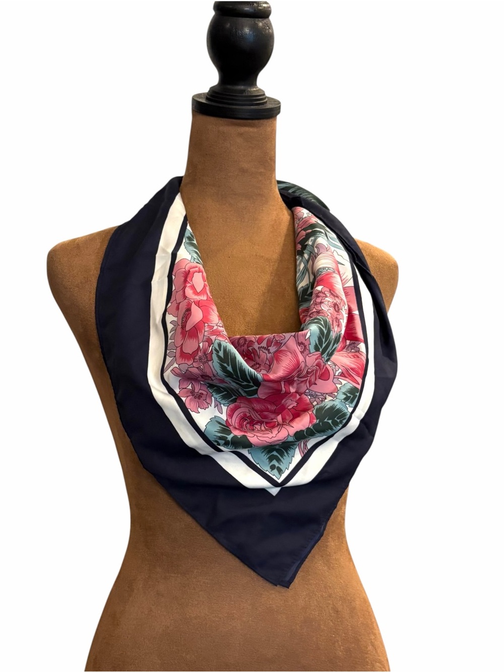 Large Square Scarf Pink Florals Navy Blue Border 27x27” Shabby Chic Cottagecore